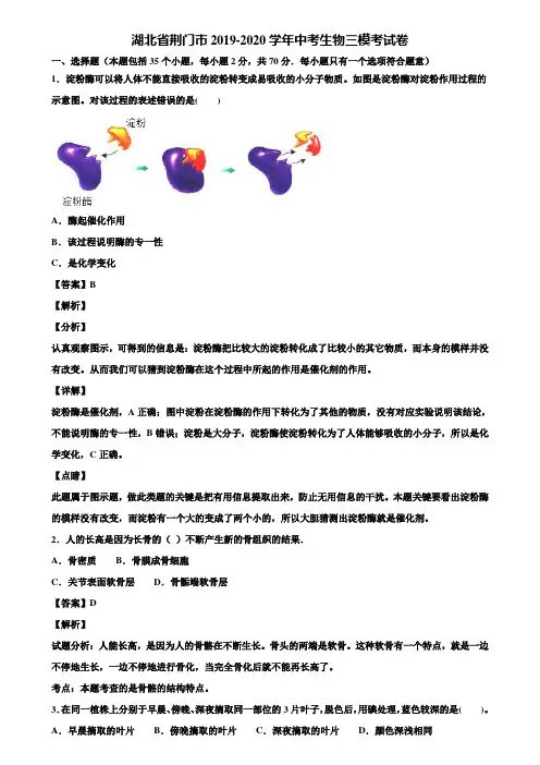 湖北省荆门市2019-2020学年中考生物三模考试卷含解析