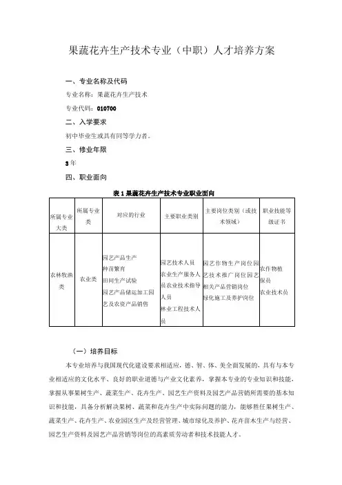 果蔬花卉生产技术专业(中职)人才培养方案