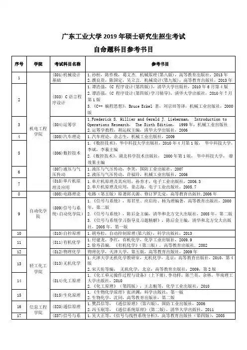 广东工业大学2019年硕士研究生招生考试自命题科目参考书目