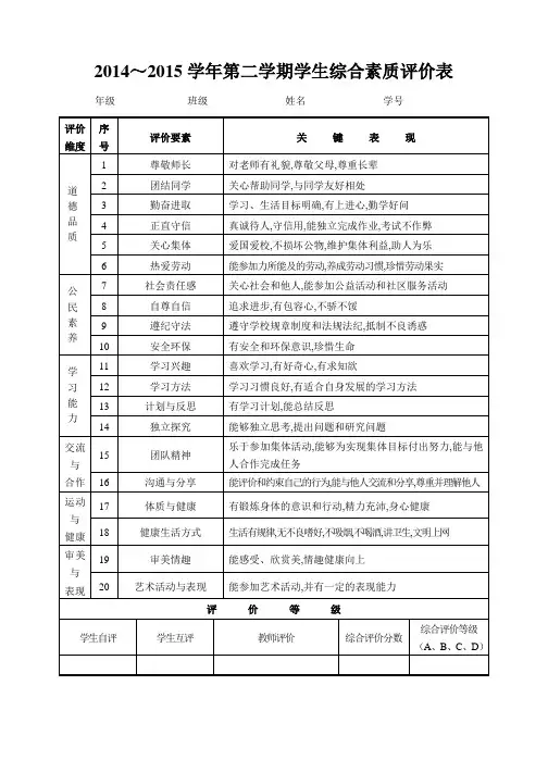 初 中  生 综 合 素 质 评 价 表1