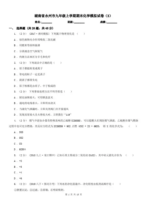 湖南省永州市九年级上学期期末化学模拟试卷(3)