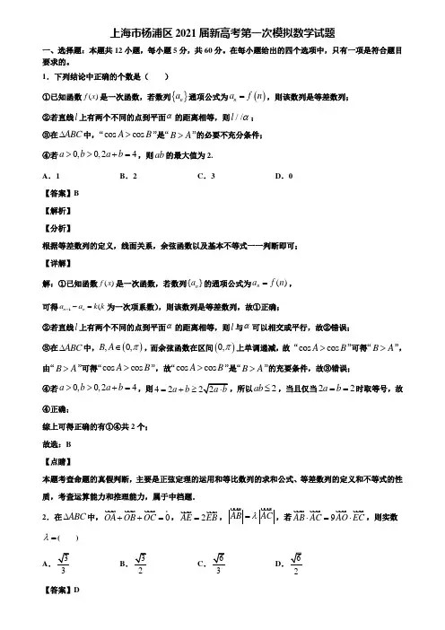上海市杨浦区2021届新高考第一次模拟数学试题含解析