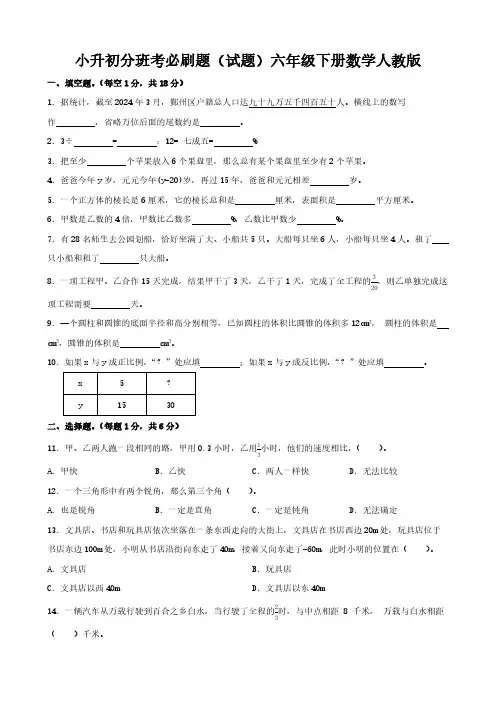 小升初分班考必刷题 试题(含答案)2023-2024学年六年级下册数学人教版