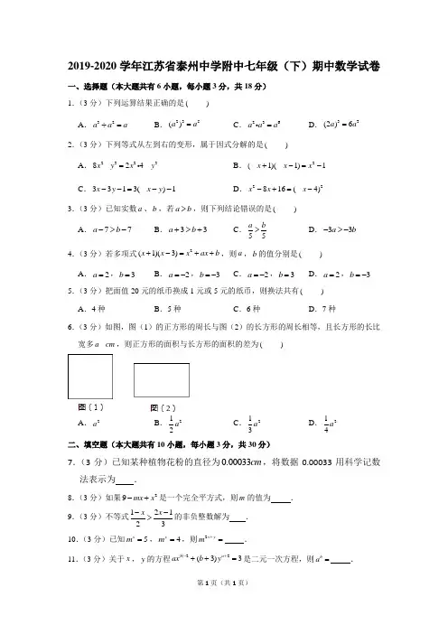 2019-2020学年江苏省泰州中学附中七年级(下)期中数学试卷