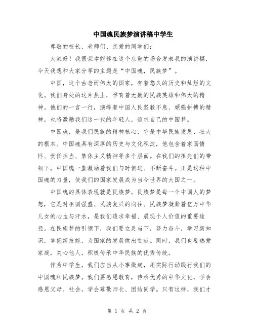 中国魂民族梦演讲稿中学生