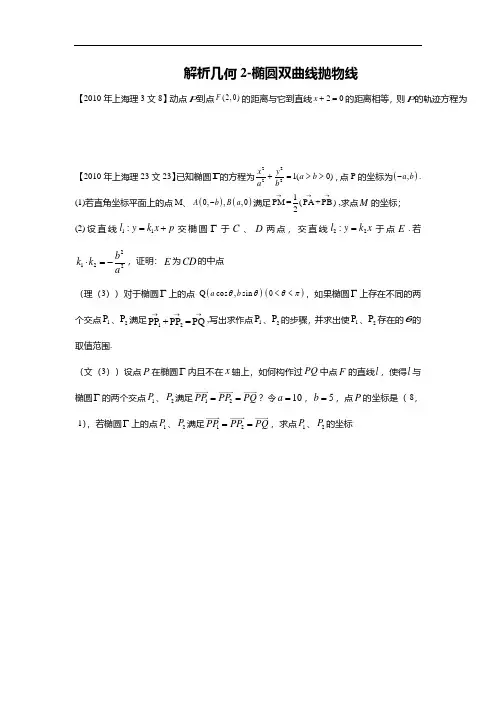 十年上海数学高考真题专题汇编-解析几何
