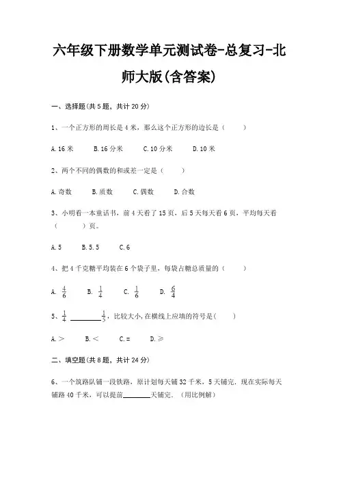 六年级下册数学单元测试卷-总复习-北师大版(含答案)