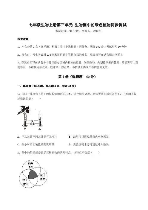 2022-2023学年基础强化人教版七年级生物上册第三单元 生物圈中的绿色植物同步测试试卷