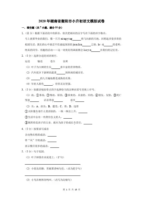 2020年湖南省衡阳市小升初语文模拟试卷及答案解析