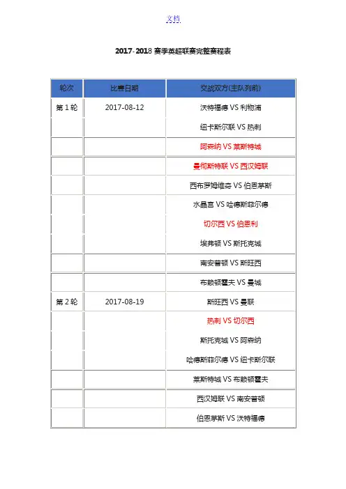 2017-2018赛季英超新赛季赛程-英超联赛完整赛程表