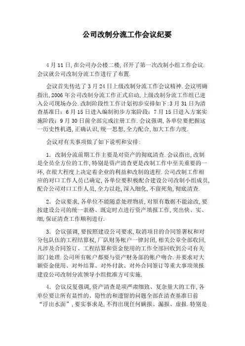公司改制分流工作会议纪要