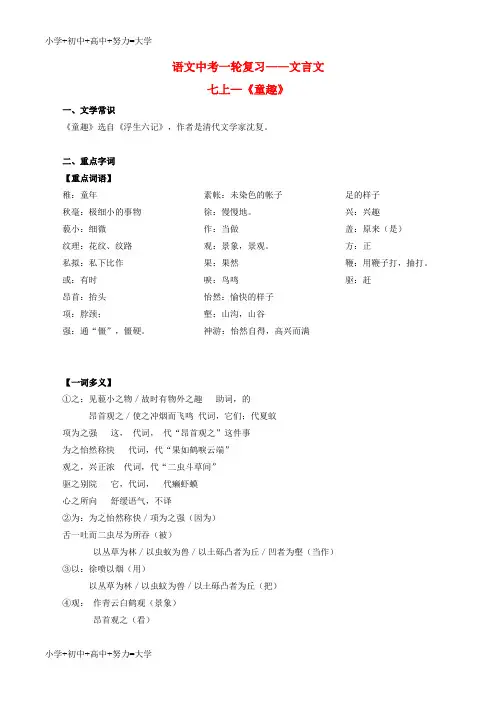 配套K12中考语文一轮复习讲练测 专题01 文言文 七上《童趣》(讲练)(含解析)