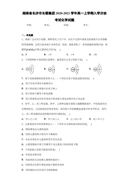 湖南省长沙市长郡集团2020-2021学年高一上学期入学分班考试化学试题