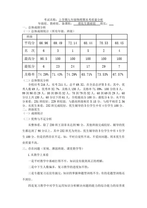 最新上学期九年级物理期末考质量分析