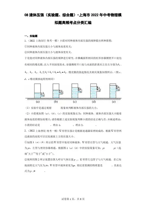 08液体压强(实验题、综合题)-上海市2022年中考物理模拟题高频考点分类汇编