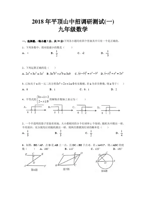 河南省平顶山市2018年中招调研数学试卷有答案