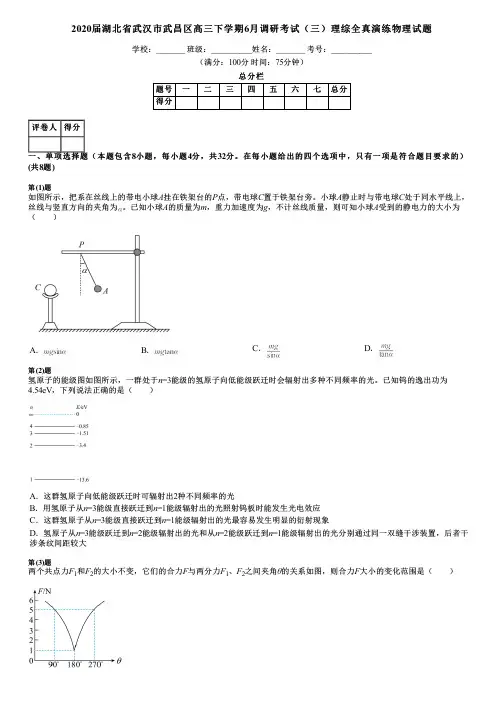 2020届湖北省武汉市武昌区高三下学期6月调研考试(三)理综全真演练物理试题
