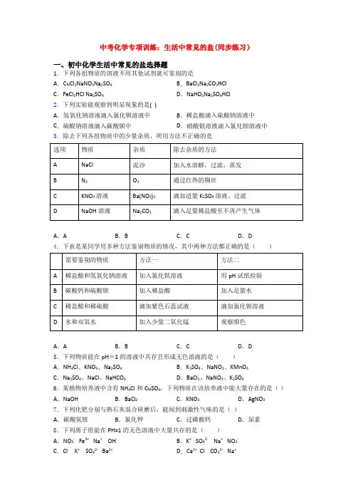 中考化学专项训练：生活中常见的盐(同步练习)