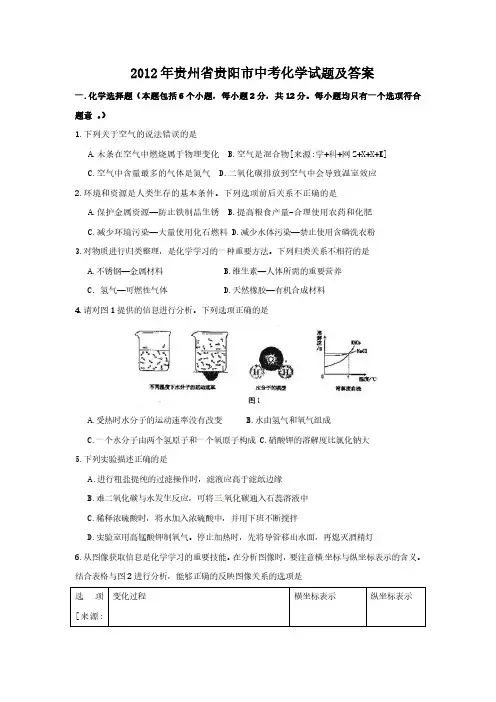 2012年贵州省贵阳市中考化学试题及答案