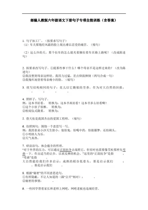 部编人教版六年级语文下册句子专项全能训练(含答案)