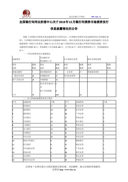 全国银行间同业拆借中心关于2016年12月银行间债券市场债券发行信息披露情况的公告-国家规范性文件
