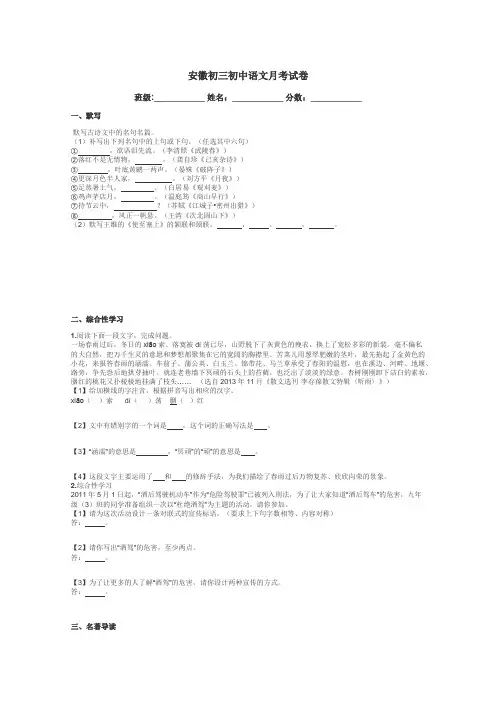 安徽初三初中语文月考试卷带答案解析
