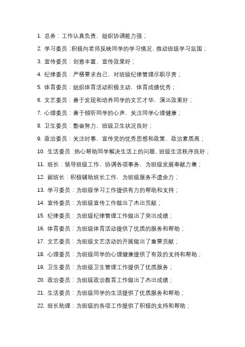 班委评价简短