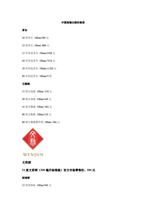中国高端白酒价格表