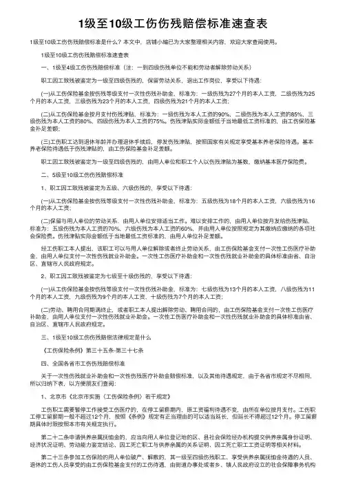 1级至10级工伤伤残赔偿标准速查表