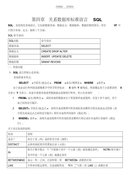第四章VF关系数据库标准语言SQL教案
