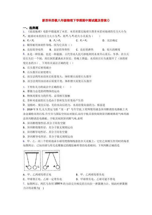 新苏科苏教八年级物理下学期期中测试题及答案()