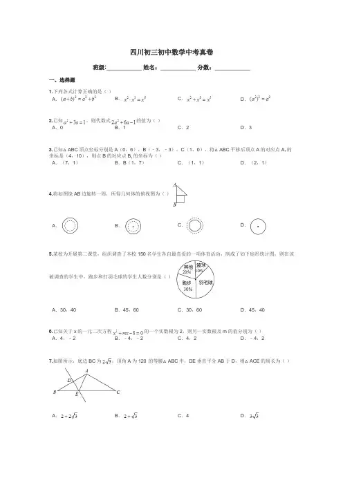 四川初三初中数学中考真卷带答案解析
