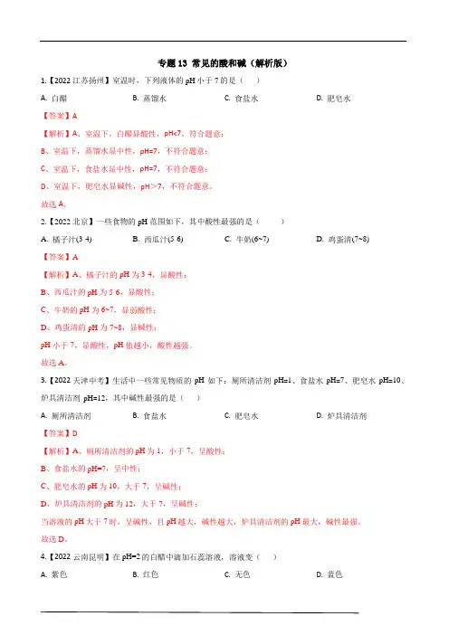 专题13 常见的酸和碱(解析版)