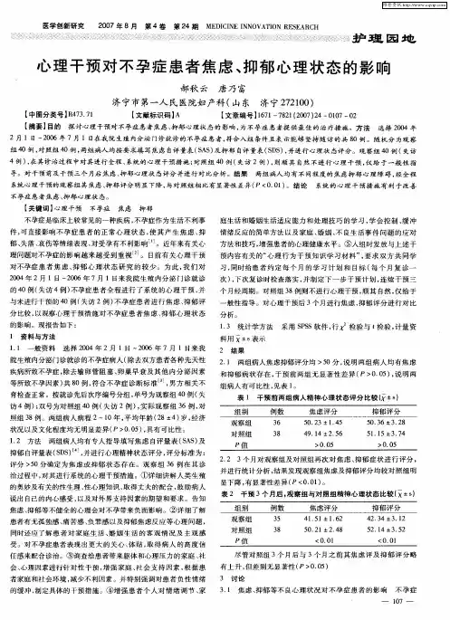心理干预对不孕症患者焦虑、抑郁心理状态的影响
