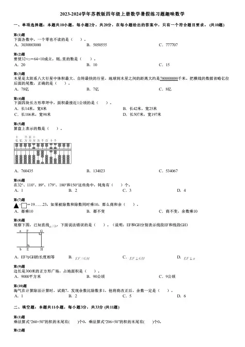 2023-2024学年苏教版四年级上册数学寒假练习题趣味数学