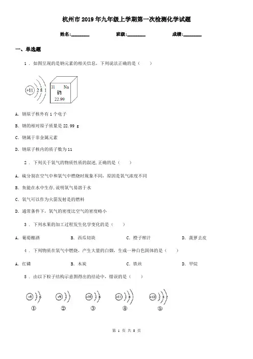 杭州市2019年九年级上学期第一次检测化学试题