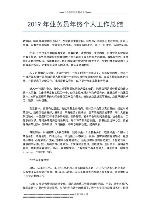 2019年最新业务员个人年终工作总结工作总结文档【五篇】