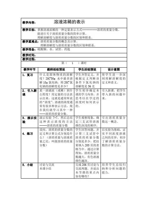 教学设计：溶液浓稀的表示