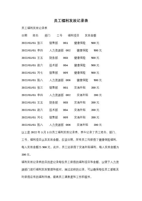 员工福利发放记录表