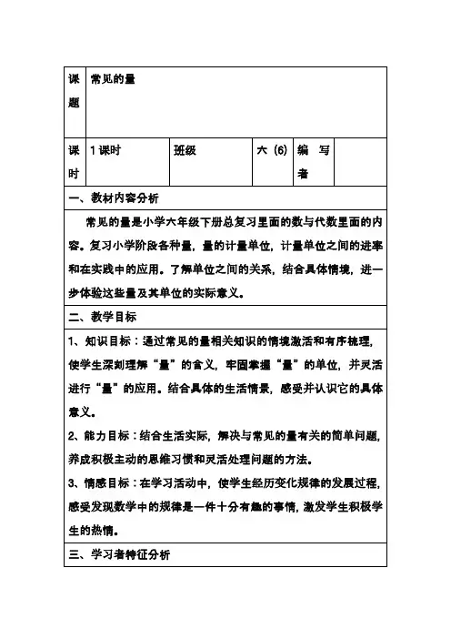 最新新课标人教版小学数学六年级下册常见的量精品教案