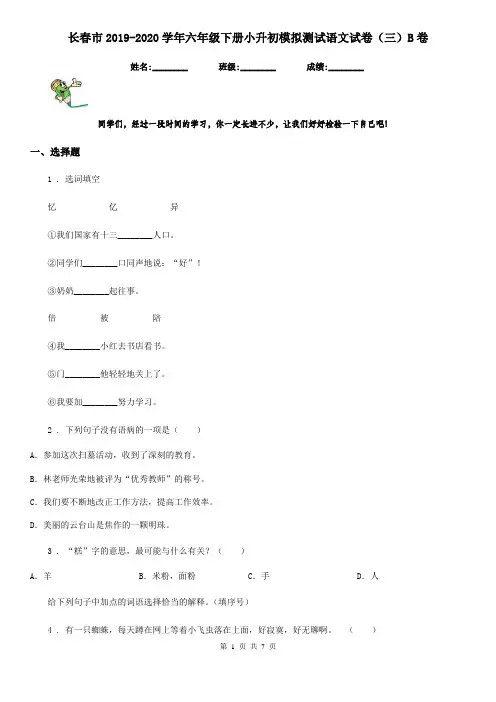 长春市2019-2020学年六年级下册小升初模拟测试语文试卷(三)B卷