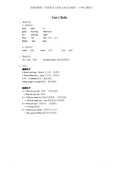 苏教译林版三年级英语上册单元知识点梳理(1-8单元整套)