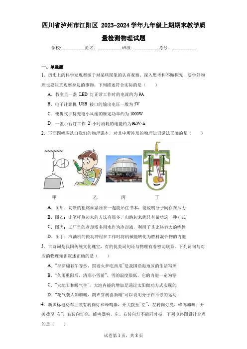 四川省泸州市江阳区2023-2024学年九年级上期期末教学质量检测物理试题