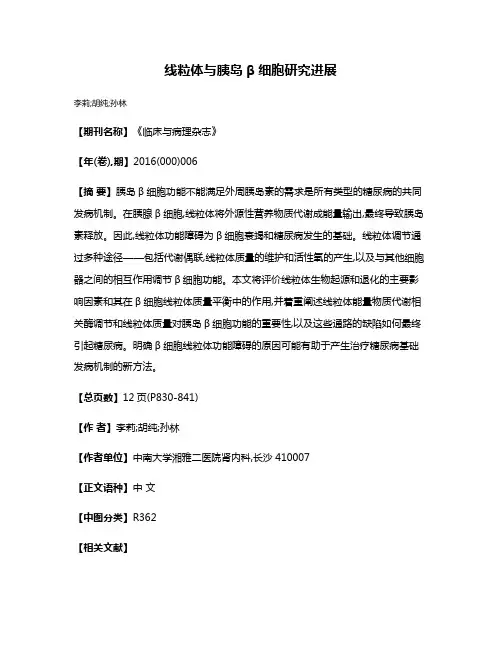 线粒体与胰岛β细胞研究进展