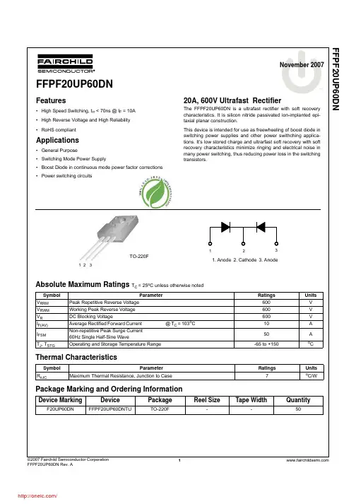 FFPF20UP60DNTU;FFPF20UP60DNTU_G;中文规格书,Datasheet资料