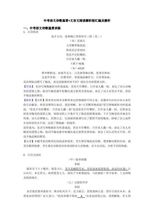 中考语文诗歌鉴赏+文言文阅读解析版汇编及解析