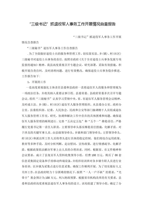 “三级书记”抓退役军人事务工作开展情况自查报告