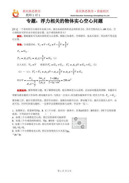 专题：浮力相关的物体实心空心问题