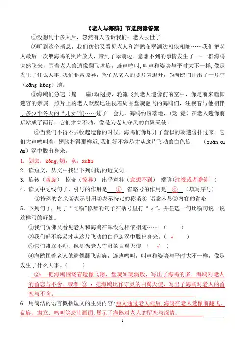 《老人与海鸥》课内阅读答案