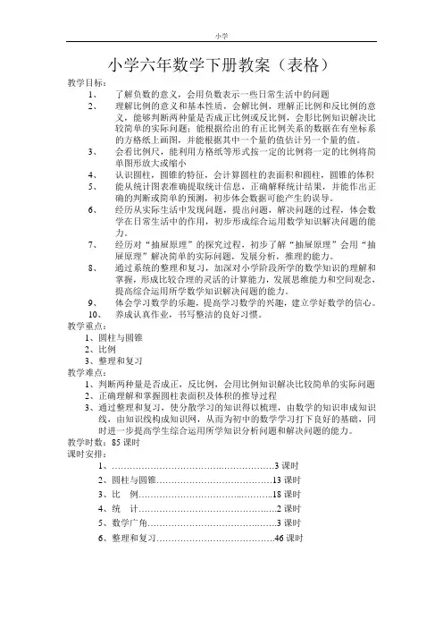 新人教版 六年级数学下册 表格式教案